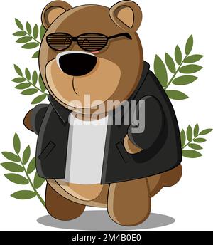 Cool and cute bear in a leather jacket and trendy glasses Stock Vector