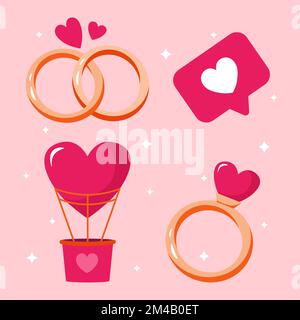 set of valentines day elements heart balloon ring with heart shaped karmev wedding rings and like icon Stock Vector