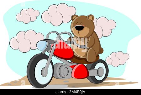 A cute bear rides a big red motorcycle on the road Stock Vector