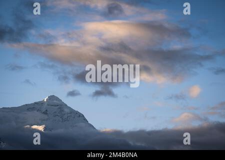 The North Face of Chomolungma or Everest from Rongbuk Monastery. Tibet Autonomous Region. China. Stock Photo