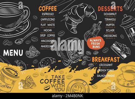 horizontal menu template with coffee dessert and breakfasts with yellow accents Stock Vector