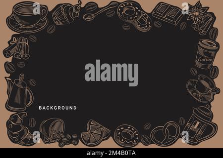 dark coffee background with hand drawn coffee and sweets Stock Vector