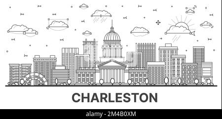 Outline Charleston West Virginia USA City Skyline with Modern Buildings Isolated on White. Vector Illustration. Charleston Cityscape with Landmarks. Stock Vector