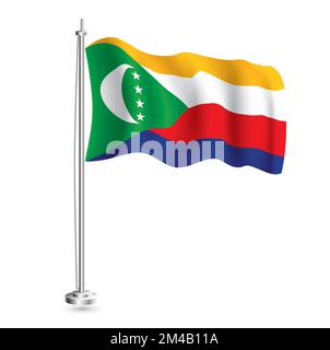 Comoros Flag. Isolated Realistic Wave Flag of Comoros Country on Flagpole. Vector Illustration. Stock Vector