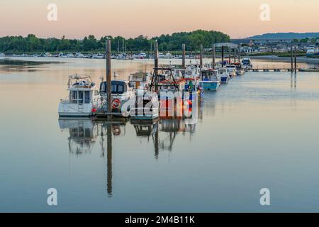 Boats moored on pontoon on river Medway at Strood. Kent Stock Photo