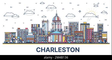 Outline Charleston West Virginia USA City Skyline with Modern Colored Buildings Isolated on White. Vector Illustration. Charleston Cityscape with Land Stock Vector