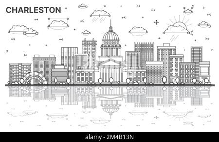 Outline Charleston West Virginia USA City Skyline with Modern Buildings and Reflections Isolated on White. Vector Illustration. Charleston Cityscape w Stock Vector