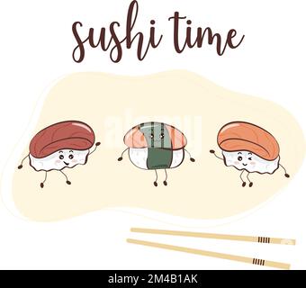 Sushi time banner Funny characters asian food Stock Vector