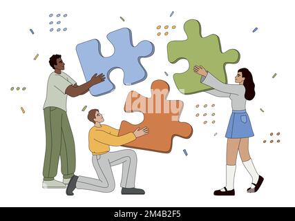 Business partners or teamwork work together. Collaboration, corporate teambuilding, communicate, cooperation of businesspeople or employees with color puzzle. Partnership strategy flat concept. Stock Vector