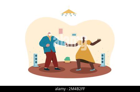 Cartoon happy senior man and woman dancing to the music at home. Aged people recreation and active hobby. Elderly couple of pensioners funny spend time together. Stock Vector