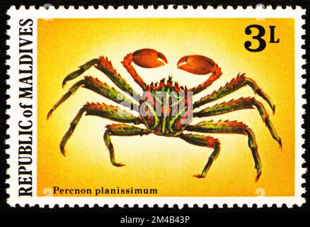 MOSCOW, RUSSIA - OCTOBER 29, 2022: Postage stamp printed in Maldives shows Flat Rock Crab (Percnon planissimum), Maldivian Crabs and Lobster serie, ci Stock Photo