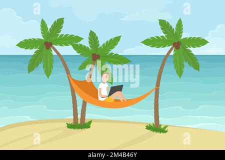 Freelancer sitting in hammock under coconut palms and working on laptop. Vector illustration. Stock Vector