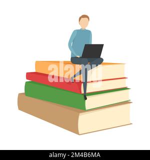 Student sitting with laptop on stack of books. Vector illustration. Stock Vector