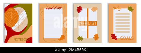 Autumn leaves decorated cover wish to do goals list templates. Lined pages, notes, labels with elm oak falling foliage. For notebooks, planners, broch Stock Vector