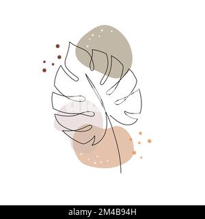 Line art monstera plant leaf. Minimal continuous line monstera foliage drawing illustration. Tropical modern abstract design background. Vector illustration. Stock Vector