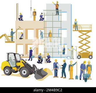 House construction site with tradesmen and construction machinery, illustration Stock Vector