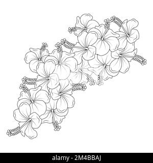 hibiscus flowers coloring page illustration with hawaiian hibiscus leaves and outline rose of sharon Stock Vector