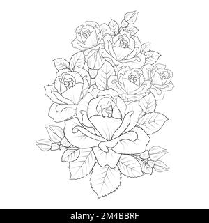 Red Rose Flower Bouquet Outline Vector Art With Roses Leaves For Adult 