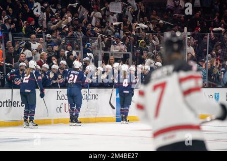 Team USA celebrate a goal during the 2022-23 Rivalry Series against Canada, Monday, December 19, 2022, at Crypto.com Arena, in Los Angeles, CA. Canada Stock Photo