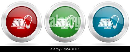 Light bulb and solar panel vector icon set. Red, blue and green silver metallic web buttons with chrome border Stock Vector