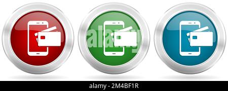 Online, mobile payment vector icon set. Red, blue and green silver metallic web buttons with chrome border Stock Vector