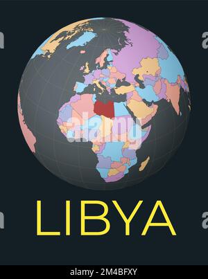 World map centered on Libya. Red country highlighted. Satellite world view centered on the country with name. Vector Illustration. Stock Vector