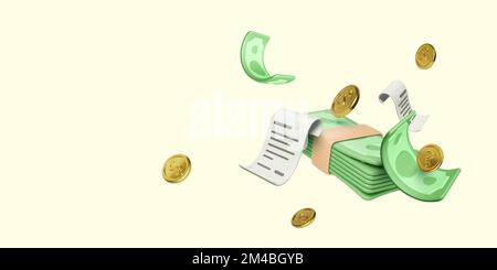 Banknotes and gold coins around bills. Paper currency and checks for business banners and templates. Financial bills and falling money. Vector illustr Stock Vector