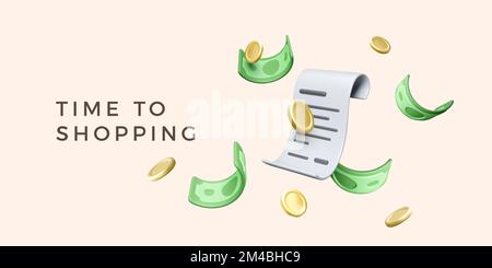 Time to shopping banner. 3D bill with falling gold coins and green paper dollars. Cartoon receipt with money. Business design elements for payments se Stock Vector