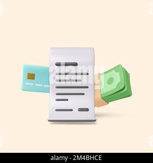 3D bill credit card and stack of paper green dollars. Render of realistic cartoon business icons. Vector illustration Stock Vector