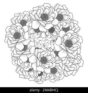 peony flower easy sketches pencil drawing of black and white line art design outline Stock Vector