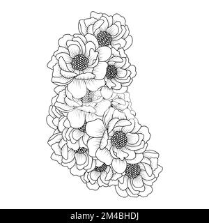 peony flower easy sketches pencil drawing of black and white line art design outline Stock Vector