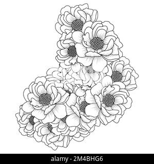 peony flower easy sketches pencil drawing of black and white line art design outline Stock Vector