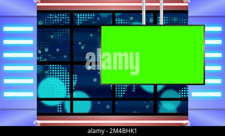 news room illustration with green screen television and dark blue background. Stock Photo