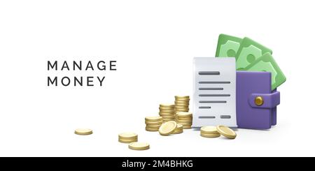 Cash receipt wallet with green dollar bills and gold coins stacks in cartoon style. Business design element for banners and posters. Vector illustrati Stock Vector