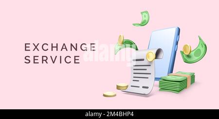 Fiscal check with mobile phone and roll of money in 3D cartoon style. Smartphone with bill and paper currency. Online exchange service banner. Online Stock Vector