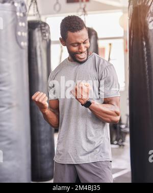 Fitness, gym and black man flex muscle, happy with body goals, motivation and bodybuilding achievement. Sports, power and strong male athlete check Stock Photo