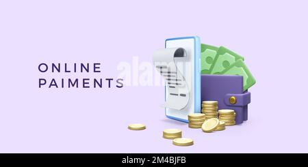 Mobile phone payment receipt with wallet full of dollars and gold coins. 3D cartoon objects for online shopping concept or other business services. Ve Stock Vector