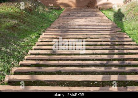 Escalinata hecha con vigas de madera en el campo Stock Photo