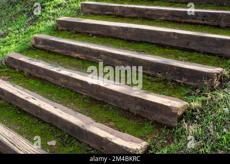 Escalinata hecha con vigas de madera en el campo Stock Photo