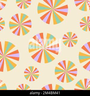 Optical illusion striped round kaleidoscopic balls seamless pattern. Psychedelic hypnotic optic art. 1970 vibe hippie cute fun hallucination backgroun Stock Vector