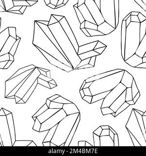 Healing crystals seamless pattern. Black outline gems and minerals silhouettes background. Contour magic stones diamonds vector illustration. Stock Vector
