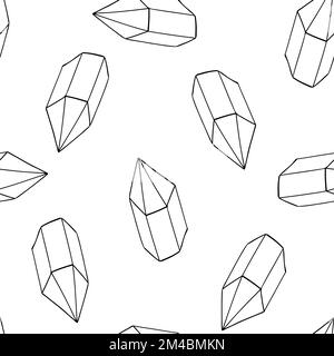 Doodle crystals seamless pattern. Black outline gems and minerals silhouettes background. Contour magic stones diamonds boho abstract geometric vector Stock Vector