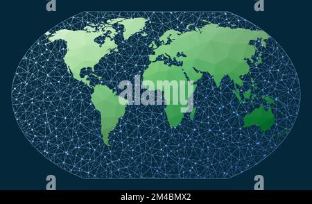 Internet and global connected globe. Kavrayskiy 7 projection. Green low poly world map with network background. Classy connected globe for infographic Stock Vector