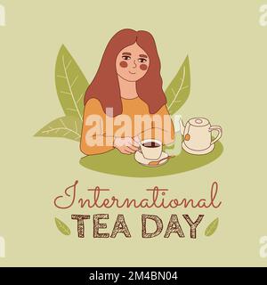 International tea day doodle concept. Cute girl drinking tea. Woman with cup of tea and teapot. Tea leaves decor. Nice atmosphere, cozy colors. Vector Stock Vector