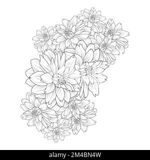 garden dahlia flower illustration with pencil stroke in doodle art design of coloring page design Stock Vector