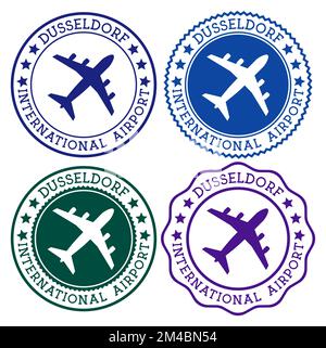 Dusseldorf International Airport. Dusseldorf airport logo. Flat stamps in material color palette. Vector illustration. Stock Vector