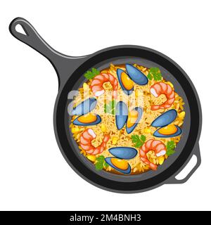 Seafood paella in a black pan. Latin American cuisine. Stock Vector