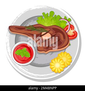 Grilled steak. There is a piece of fried meat on the plate, with vegetables and herbs. Stock Vector