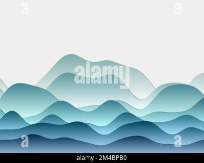 Abstract mountains background. Curved layers in teal colors. Papercut style hills. Authentic vector illustration. Stock Vector