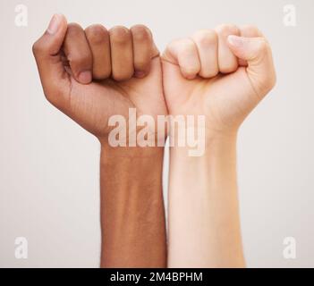 Justice, support and diversity with fist of people for change, social and equality in global protest. Human rights, freedom and community with hands Stock Photo